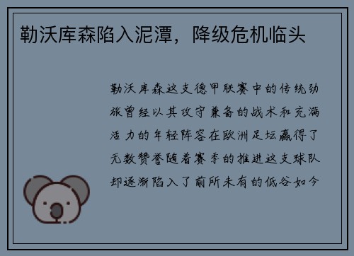 勒沃库森陷入泥潭，降级危机临头
